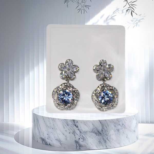 American Diamond Silver Plated Flower Moon Earring