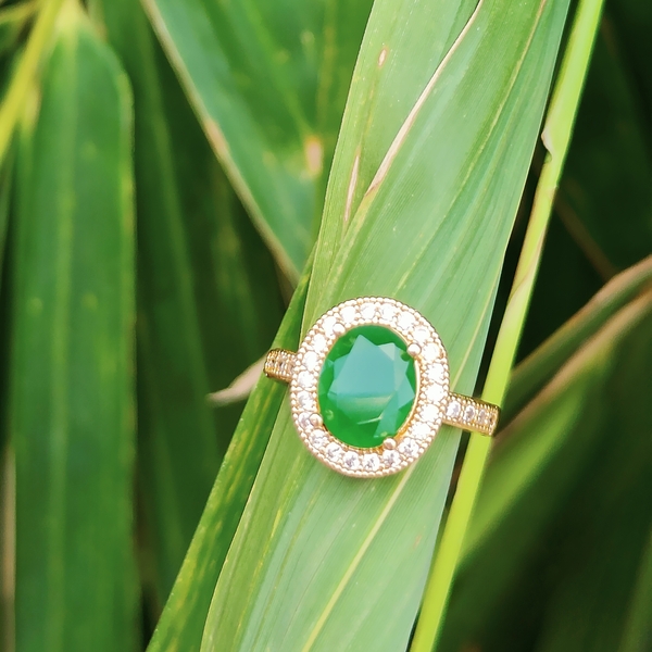 American Diamond Leaf Green Goldmix Ring