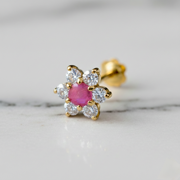 American Diamond Seven Stone Deep Pink Nose Pin