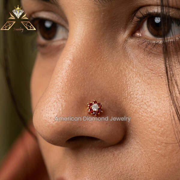 American Diamond Seven Stone Maroon Bloom Nosepin